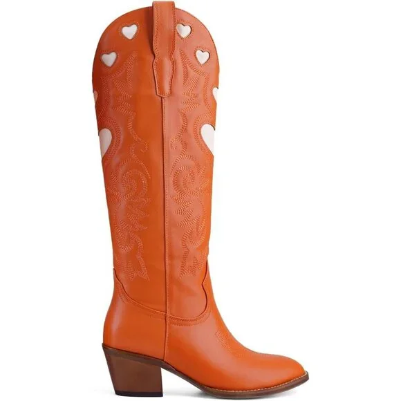 Women's Orange Wide Calf Round Toe Chunky Stacked Heel Knee High Cowgirl Boot - Picture 7 of 9